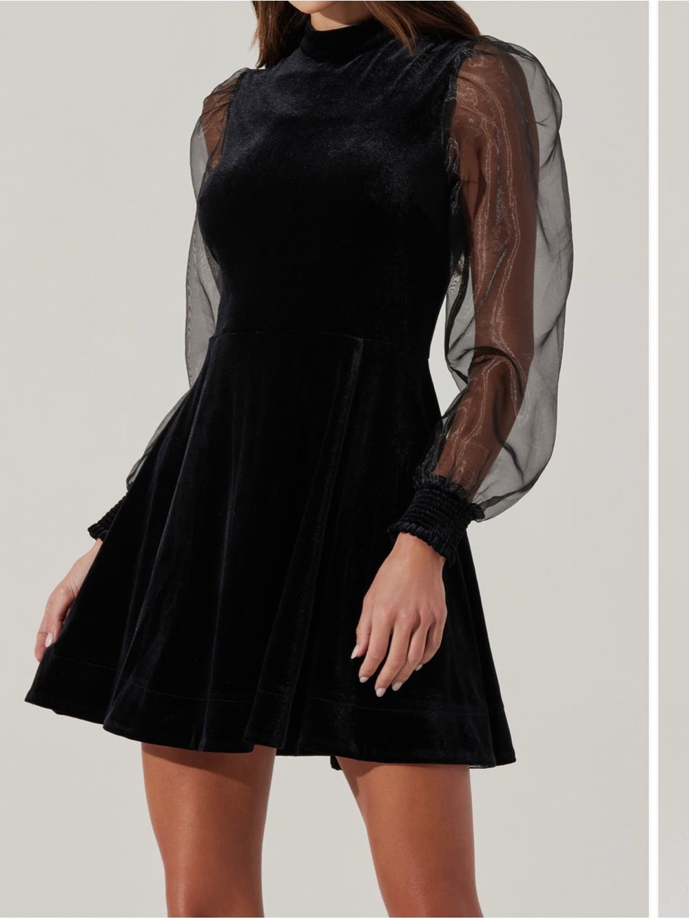 Black Velvet Fit-and-Flare Dress with Sheer Puff Sleeves